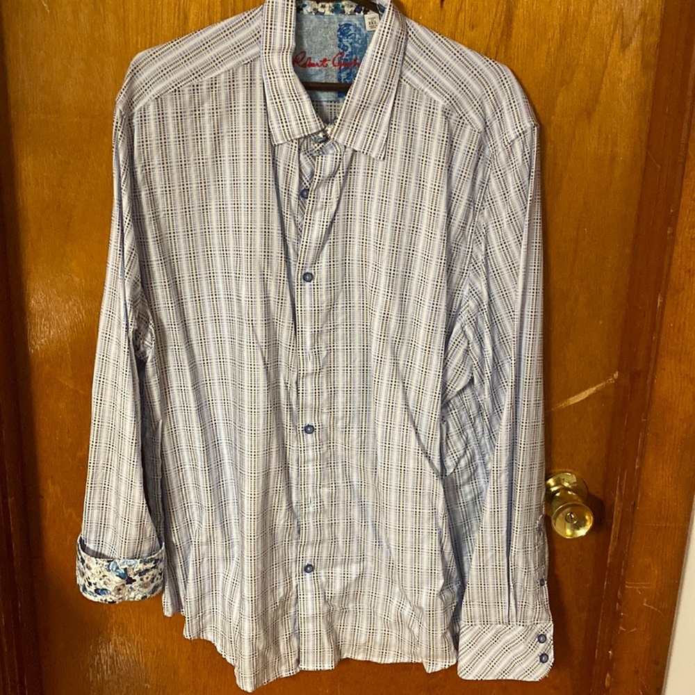 Robert Graham Men’s Casual Button Down Shirt 3XL Blue/White/Black w/Floral Cuffs